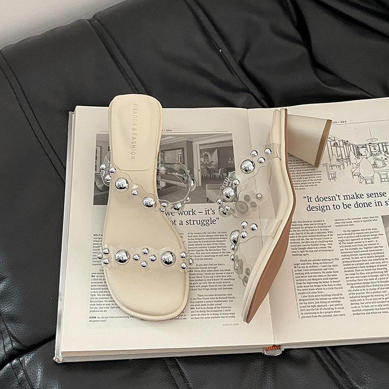 

Premium sense versatile casual women one word with cool slippers summer rhinestone round head wear open-toed high-heeled cool slippers 40