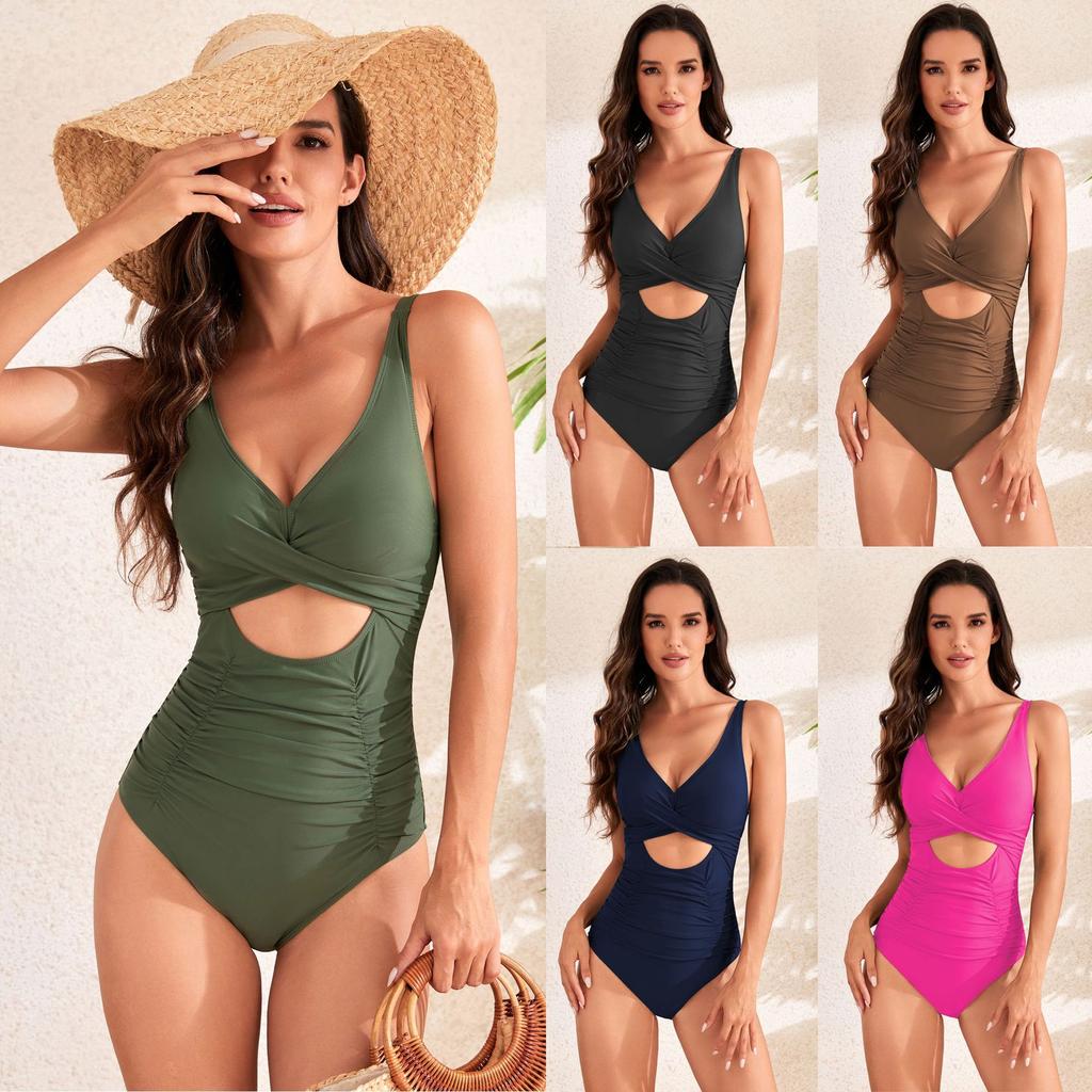One-piece Swimming Costume Solid Colour Cross Wrap Swimming Costume Drawstring High Waist Swimming Costume
