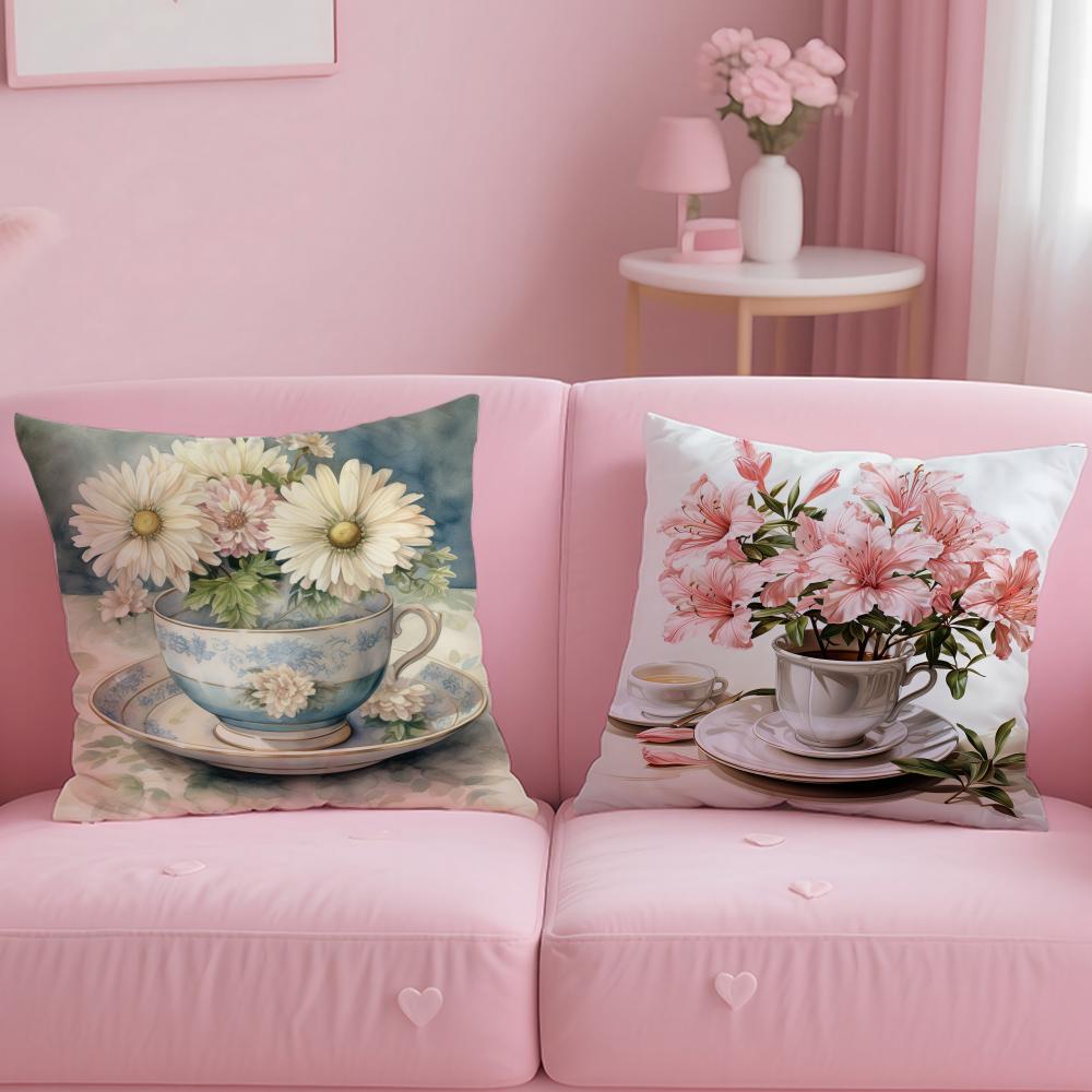 Trendy Ccup of Flowerses Cushion Cover Soft  EasyWash Pillow Case  Versatile for Couch Bed Travel and Office