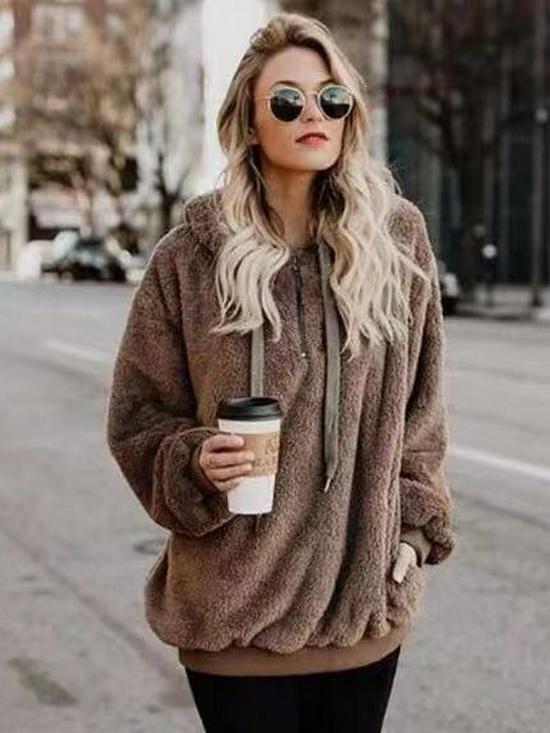 2023 Plus Size Women's Autumn & Winter Loose Hooded Solid Sweatshirt