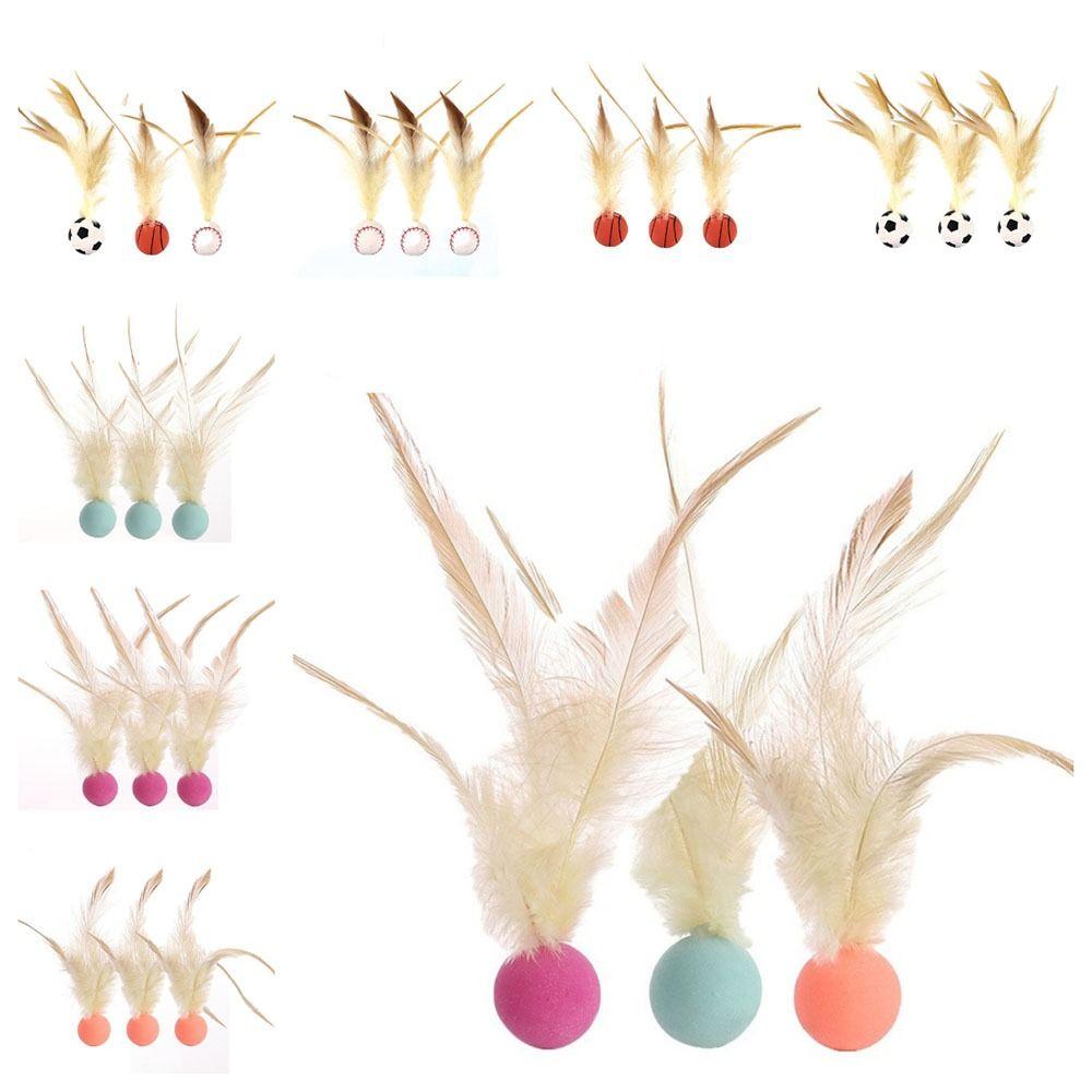 3Pcs Solid Biting Cat Interactive Ball Toy with Feathers Self Fun Cat Toy Bouncing Balls Interactive Play Elastic