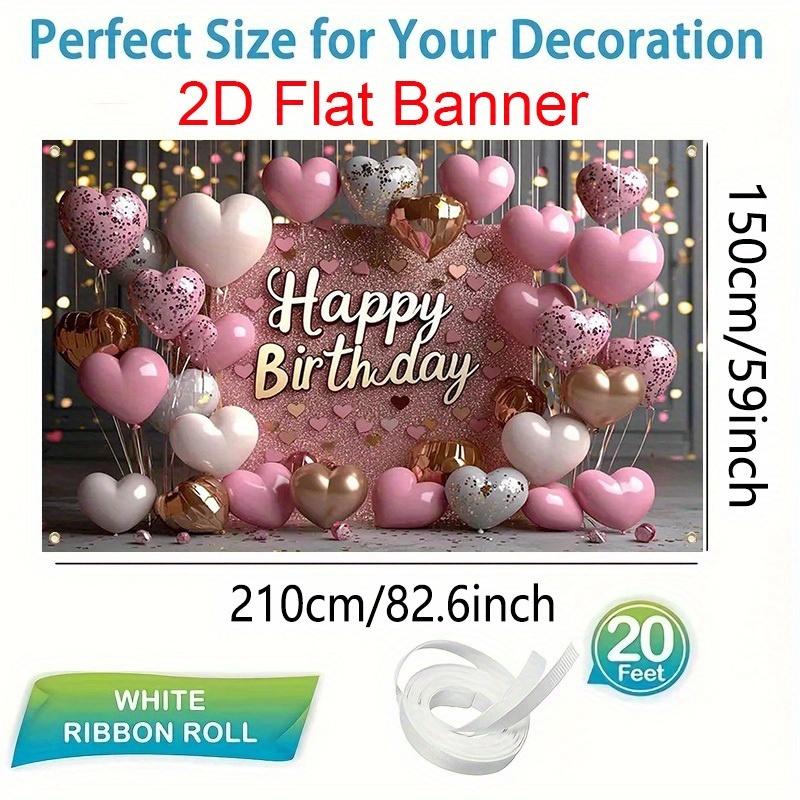 1 2D Flat Banner, "Happy Birthday" Pink Glitter Background, with Balloons and Hearts, Suitable for Birthday Party Decoration