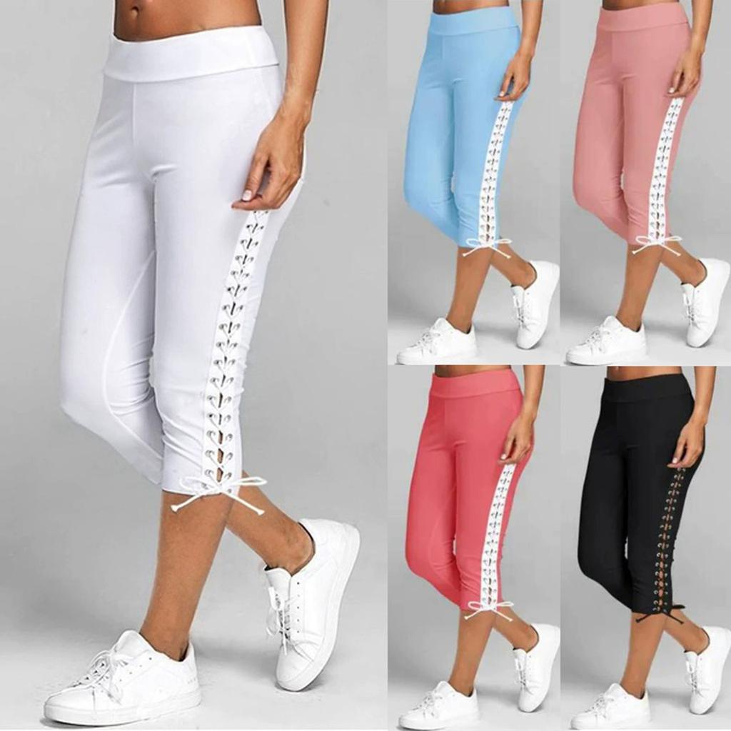 Dámské crop kalhoty s vysokým pasem Kontrola bříška Skinny Capris Kalhoty Jednobarevné Strečové Jógové Legíny