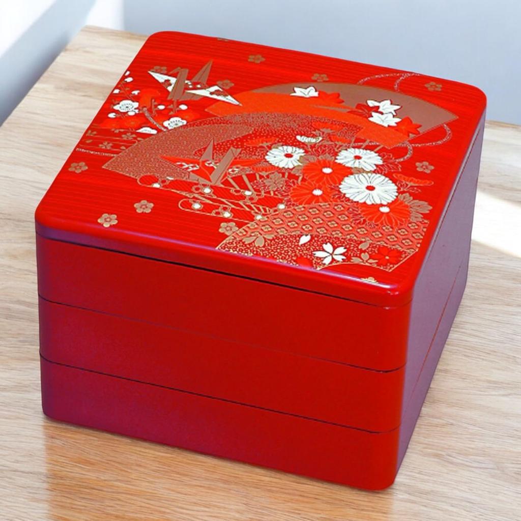 Lacquerware Jubako 3 8 Red Fan Made in Japan J-kitchens Box, Tiers, Inch, Pattern, 24cm, Resin,