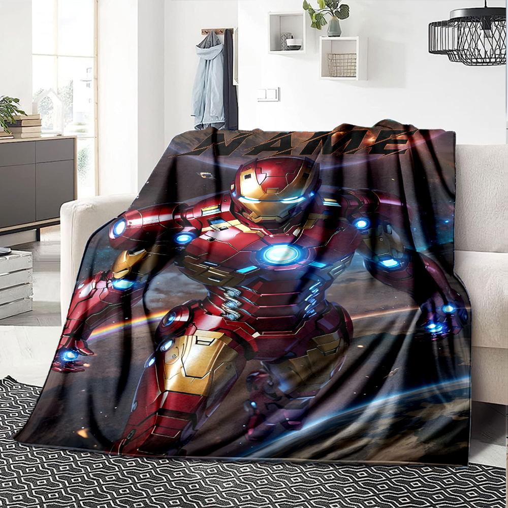 Iron Man In Action With Glowing Repulsors And A Futuristic Background Throw Customizable Blanket Customize Text Warmthful Decor For Sofa Couch Office