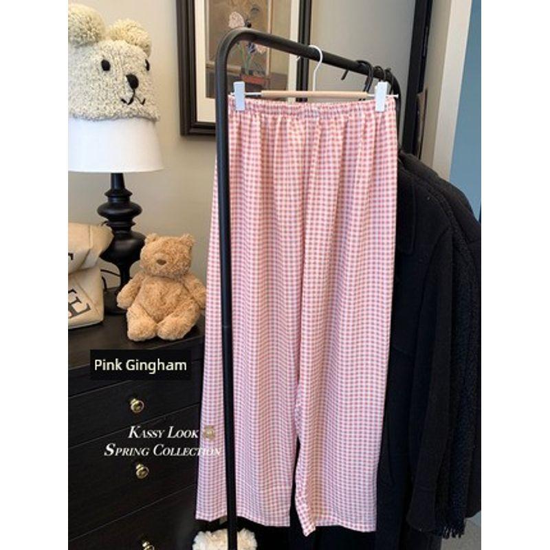 

Cute Print Walking Summer Elastic Waist Loose Pants Pink Gingham XL