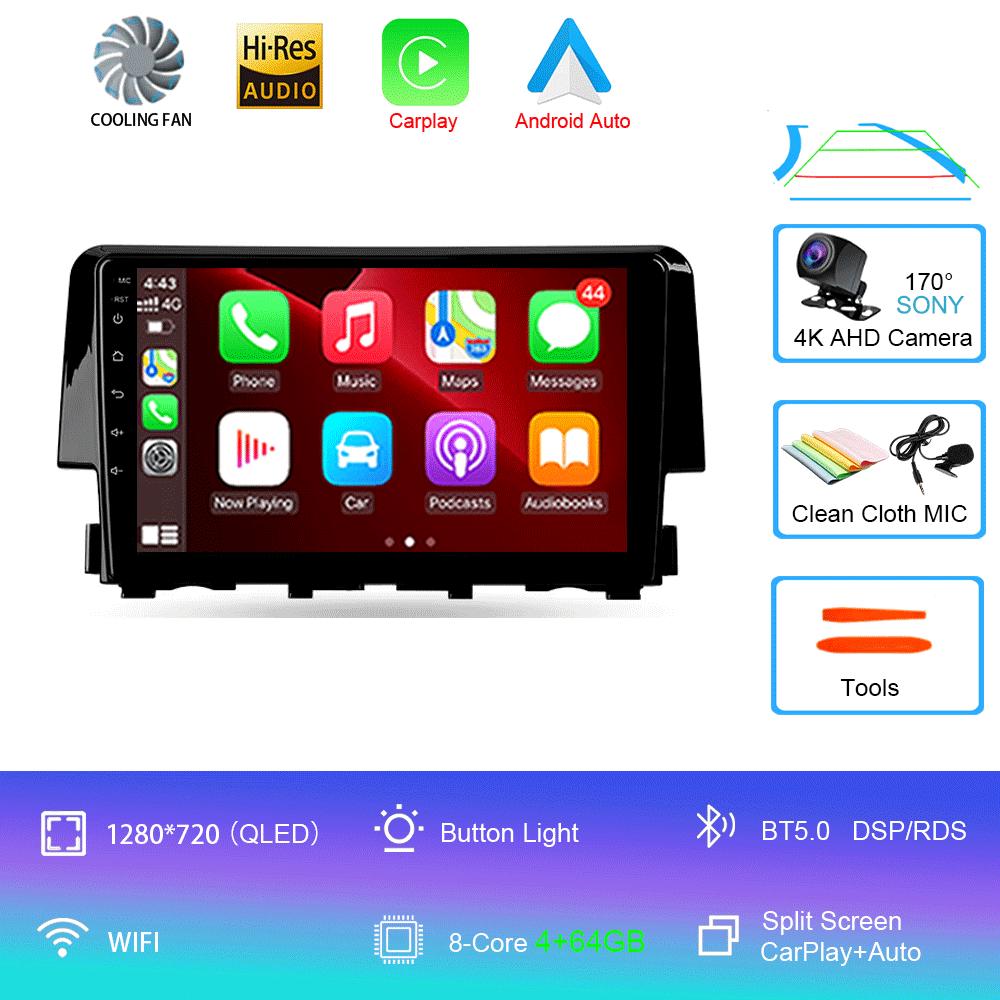 Android 14 Car Radio Carplay Auto For Honda Civic 2016 2017 2018 - 2021 GPS Multimedia WIFI+4G Head Unit BT Player Stereo Video