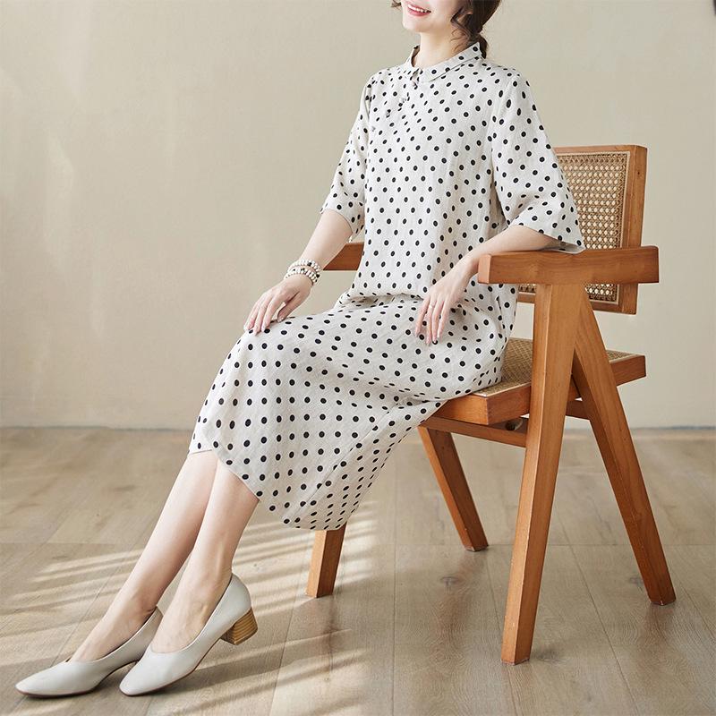 Summer 2026 Cotton Linen Polka Dot A-line Dress for Women