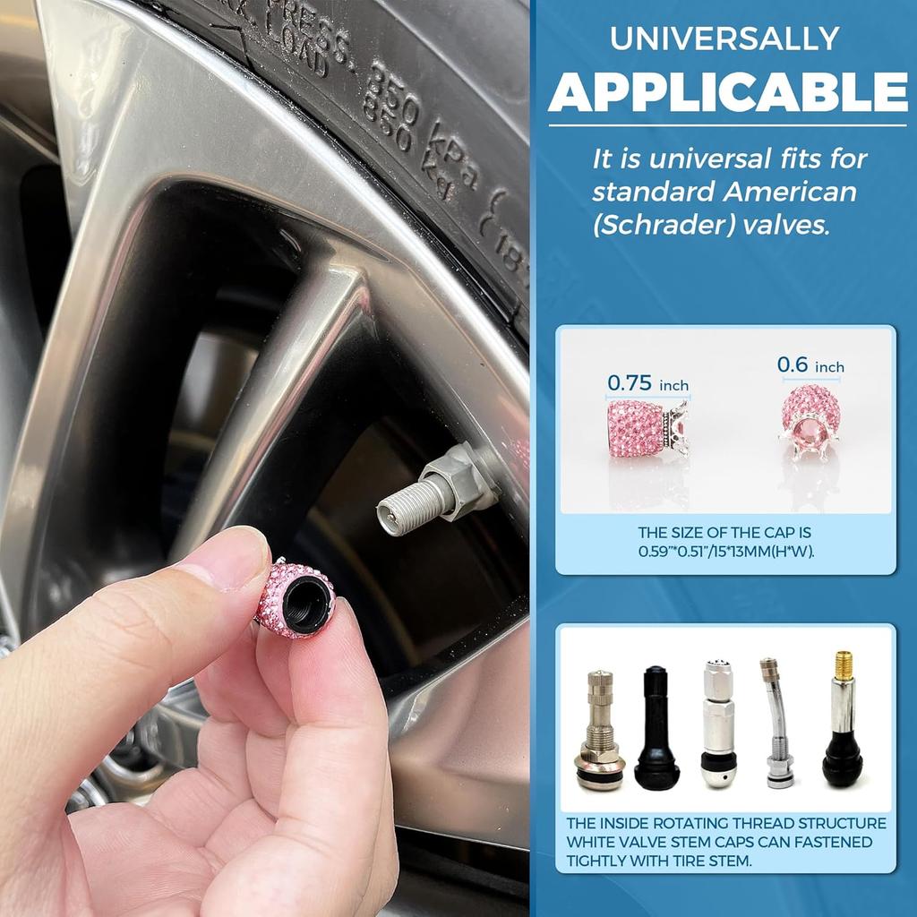 ROSON Valve Stem Caps, 4 Pack Handmade Crown Bling Crystal Rhinestone Car Wheel Tire Valve, Attractive Dustproof Car Accessories, Universal Stem Air