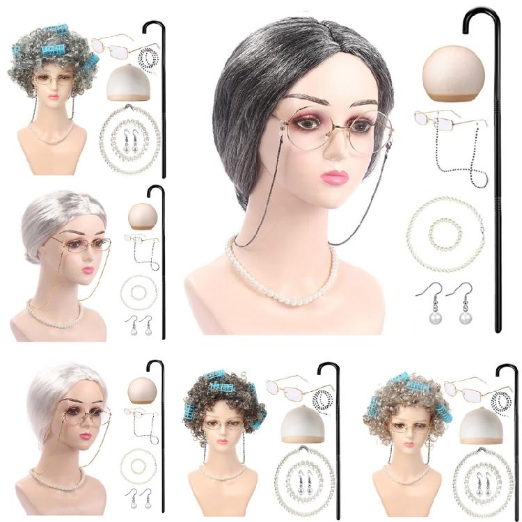 Halloween Grandma Costume Set Old Lady Wig and Granny Glasses Props for Kid Girl