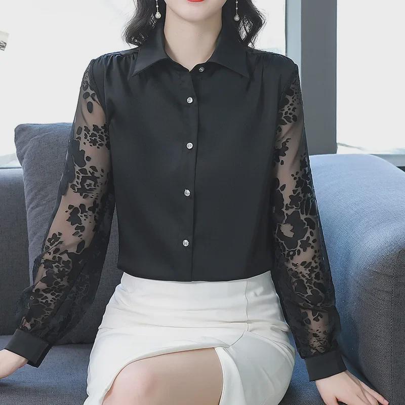 2025 Women's Trendy Long Sleeve Chiffon Shirt, Versatile Burnout Fabric, Simple Single-Breasted Design