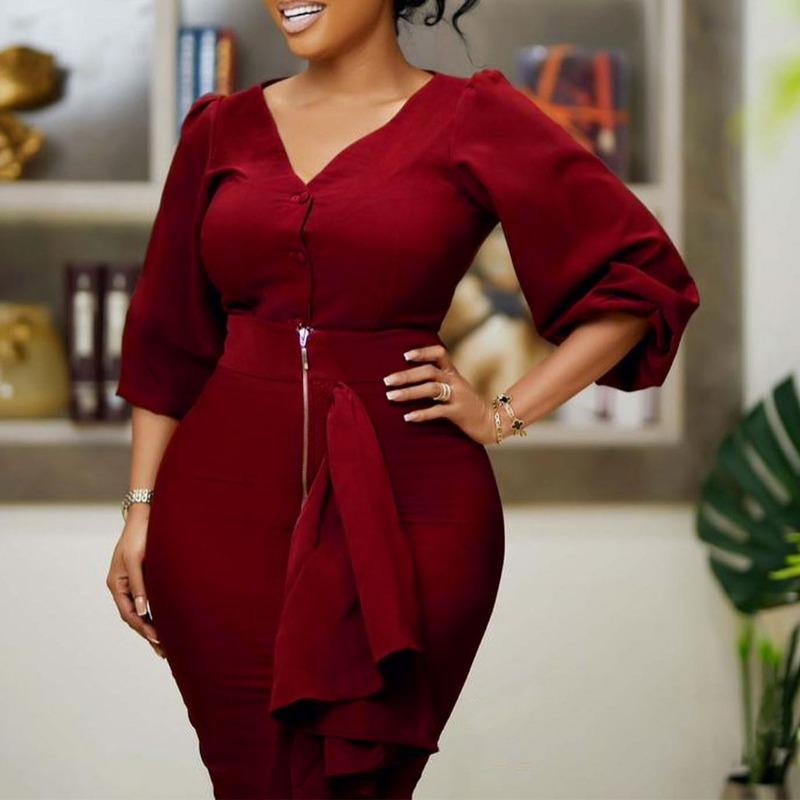 Large size women's clothing autumn and winter V-neck long-sleeved top, hip skirt, two-piece set