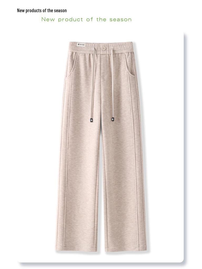 Women's 2024 Apricot Wool Blend High-Waisted Straight-Leg Cropped Pants - Casual, Loose, and Slimming for Autumn/Winter.