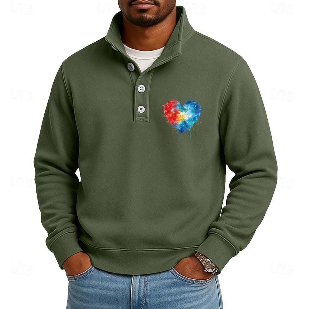 Men's Casual Stand-Up Collar Long-Sleeve Top Print Button-Down Sweatshirt