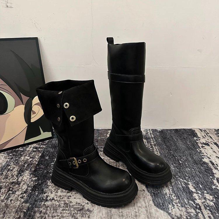 Black Two-wear Boots Retro Small Thick-soled Martin Boots 2025 New Winter Thin Velvet But Knee Knight Boots