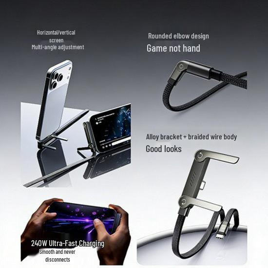 240W Elbow Fast Charging Data Cable & Phone Holder for Mobile Gaming