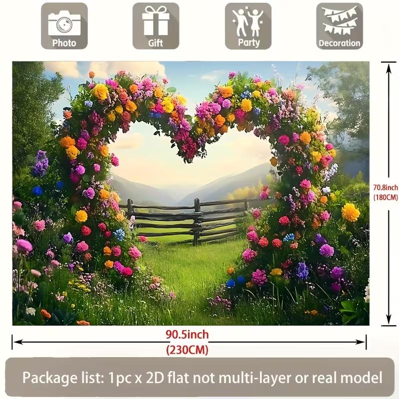 2D Romantic Spring Meadow with Heart Flower Arch Photography Background
