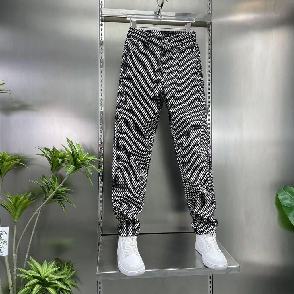Men's spring and summer new light luxury flocking casual pants simple fashion versatile elastic trend loose pants tide