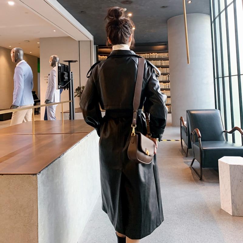 New Women's Long PU Leather Trench Coat with Belt Lady Windbreaker Waterpoof Female Outerwear Spring Autumn Black