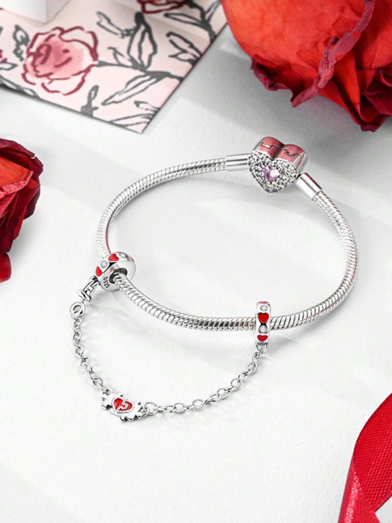 Charms Plata Copper Colors Valentine'S Day Pink Heart Beads Charm Pendant For Original Bracelet For Women Diy Jewelry Love Gift