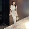 Sexy Light Wind Solid Color Diagonal Neck Off-the-shoulder Dress Women's Summer Temperament Slim Waist Hip Long Skirt