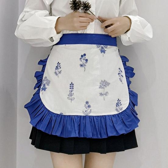 Cotton Half Apron with Daisy Print & Lace Hem Breathable Adjustable