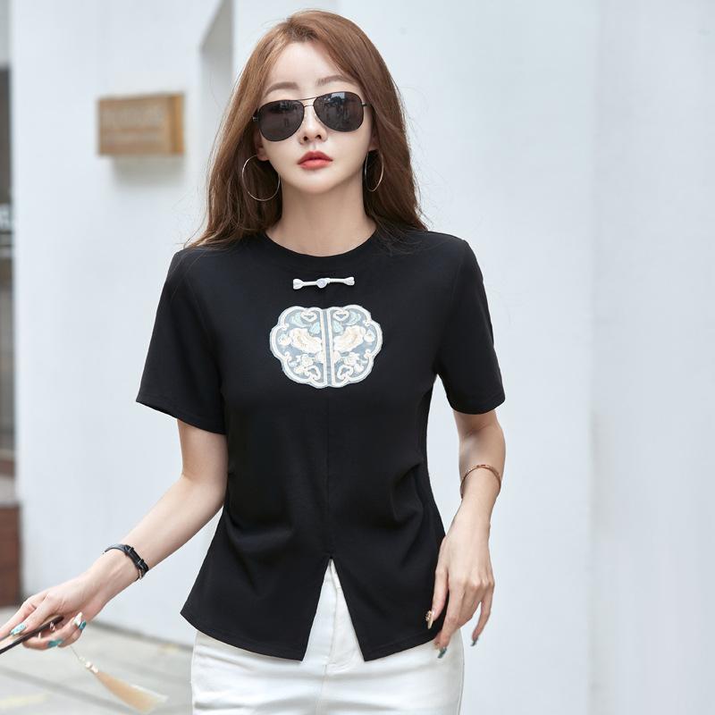 

Летняя женская футболка в китайском стиле, тонкие тонкие топы с короткими рукавами 3XL чёрный