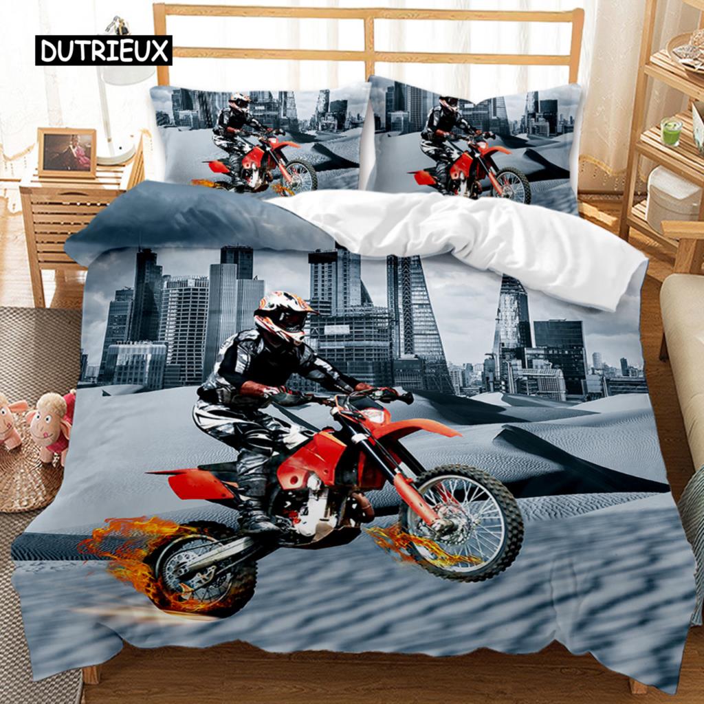 Motorbike Duvet Cover Set Motocross Rider Racing Motorcycle Dirt Bike Bedding Set Vehicles Extreme Sports Polyester Quilt Cover