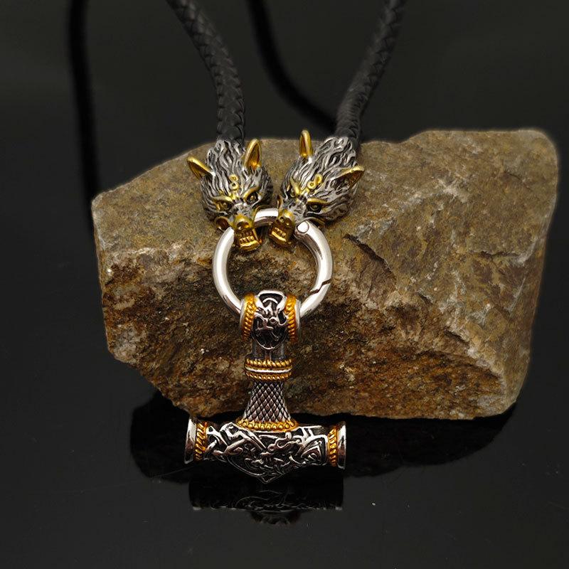 Nordic Viking Leather Necklace Crafted Hammer Celtic Wolf Head Necklace Men's Long Jewelry