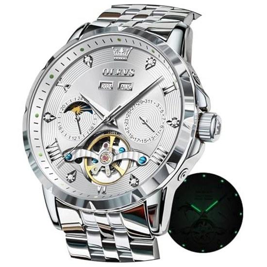 OLEVS watch men mechanical automatic winding moon phase stylish skeleton waterproof popular luminous white