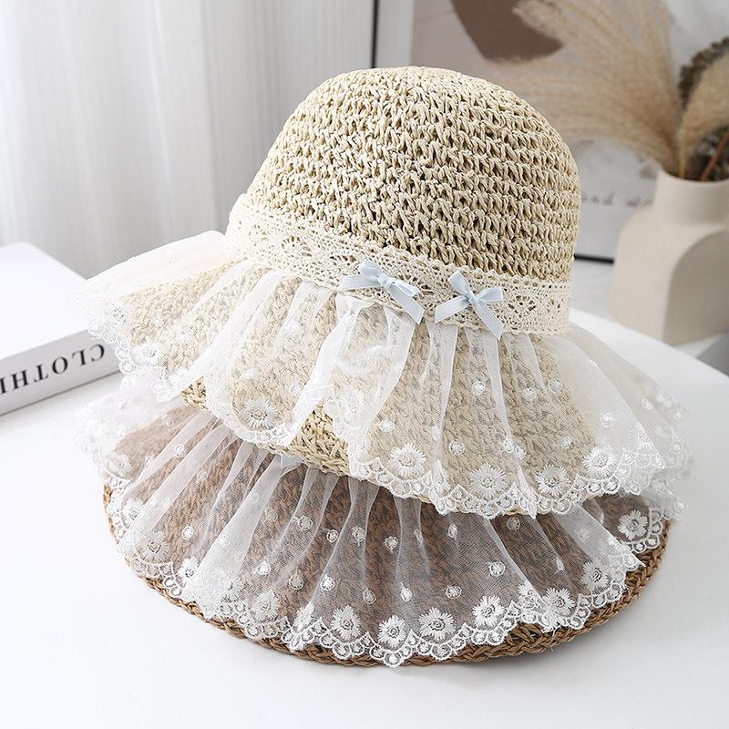Bucket Hat Women's Summer Hat Lace Bow Straw Sun Hat Fisherman Cap Wide Brim Sunscreen Seaside Holiday Beach Accessories