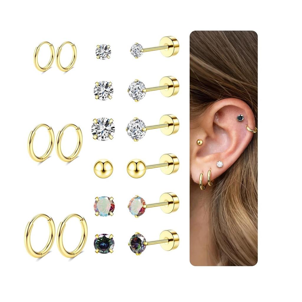 9 Pairs Flat Back Stud Earrings Sets for Multiple Piercing Small Silver Flat Back Surgical Steel Tiny Ball Pearl Cubic Zirconia