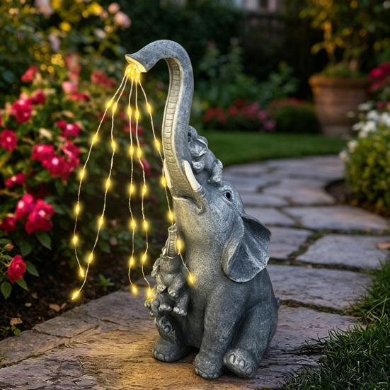 Solare Elefanten-Gartenstatue Niedlicher Harzelefant Bewässerungsleuchte Wasserdichte Outdoor-Lichterkette für Hof Terrasse Rasen Dekoration Geschenk für Elefantenliebhaber