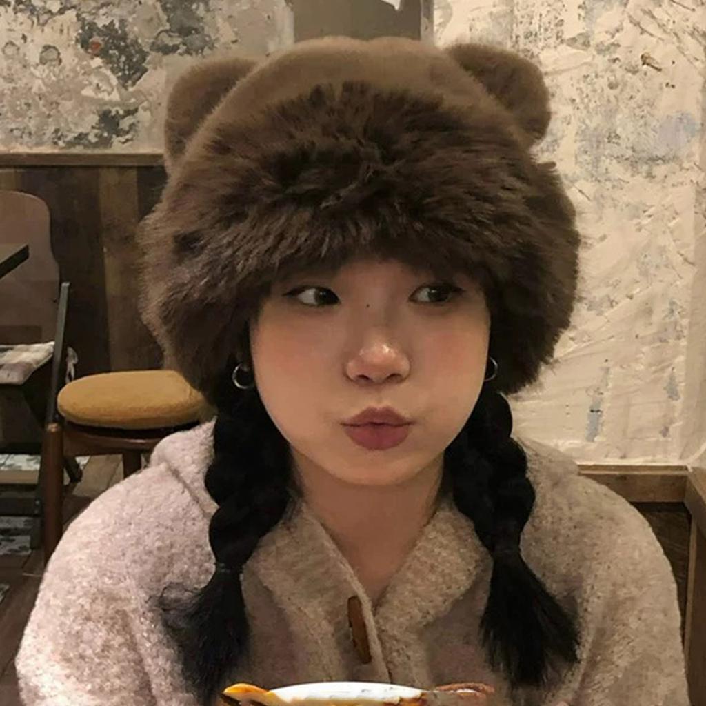 Retro Fuzzy Bear Ear Beanie Hat Pom-pom Ears Bucket Hats for Men and Women Winter Russian Thickened Warm Ear Protector Basin Cap