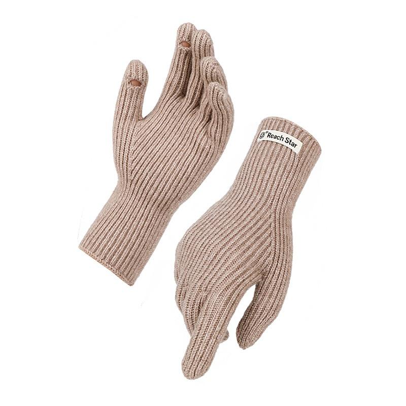 Long Solid Color Versatile Knitted Gloves Women's Bare Fingers Windproof and Cold-proof Thickened Warm Winter Gloves Cycling