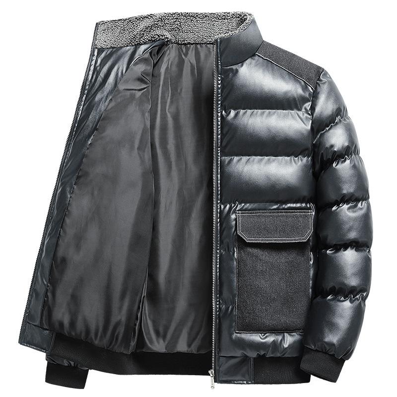 Winter Men's Cotton Thickened Coat Slim Fit Standing Collar Panel PU Leather Large Pocket Cotton Coat Men's Jacket