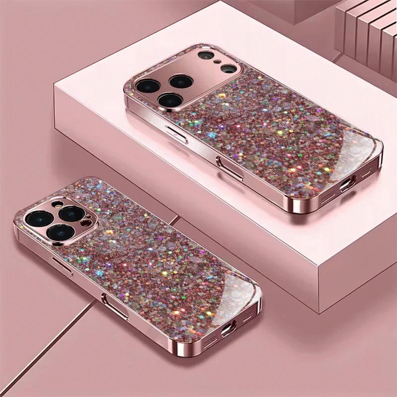 Pink Glitter Pattern Metallic Tempered Glass Phone Case For iPhone 17 16 15 14 13 12 11 Pro Max 15 14 Plus 17 Air 16E Cover