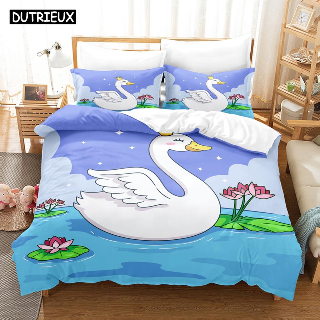 3D Printed Animals Swan Bedding Set Down Quilt Cover With Pillowcase Double SIngle King