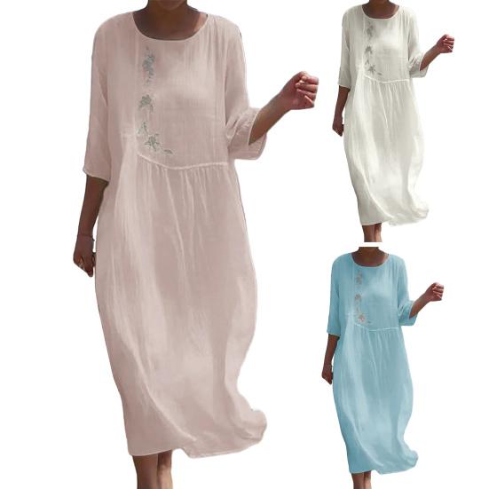 Damen Frühling Herbst Kleid Blumenstickerei Rundhalsausschnitt Dreiviertelarm Locker Midikalb