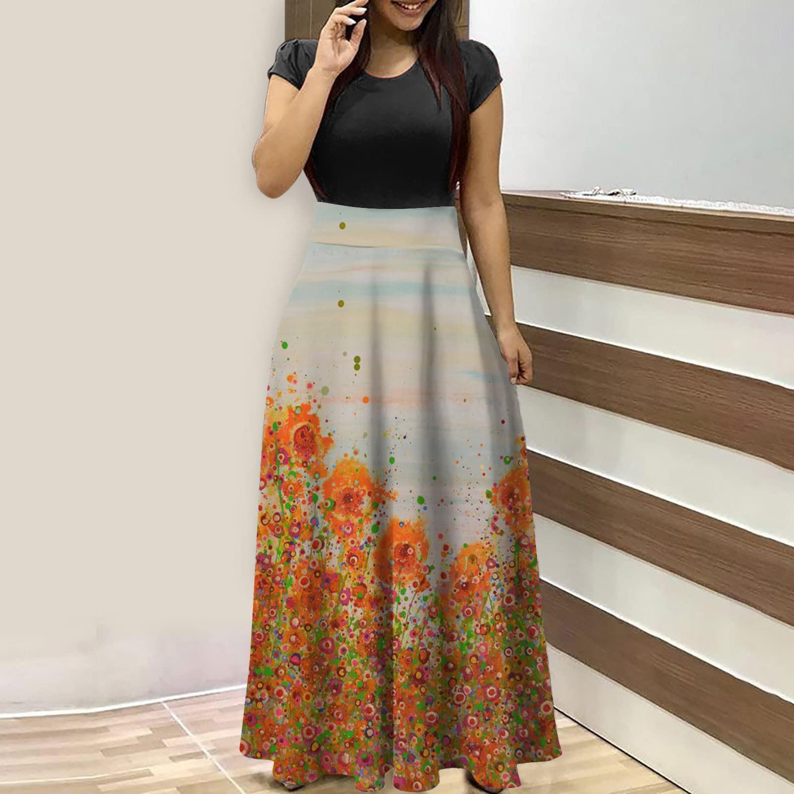 

Летние платья для женщин 2023, модные повседневные платья макси большого размера с цветочным принтом и круглым вырезом, с короткими рукавами XL оранжевый