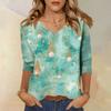 Women's Christmas Printed V-Neck 3/4 Sleeve Loose Fit Casual Shirt