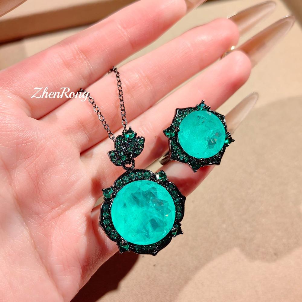 Luxury Black Gold Rose Paraiba Pendant Necklace Vintage Green Diamond Camellia Ring Women Jewelry Set