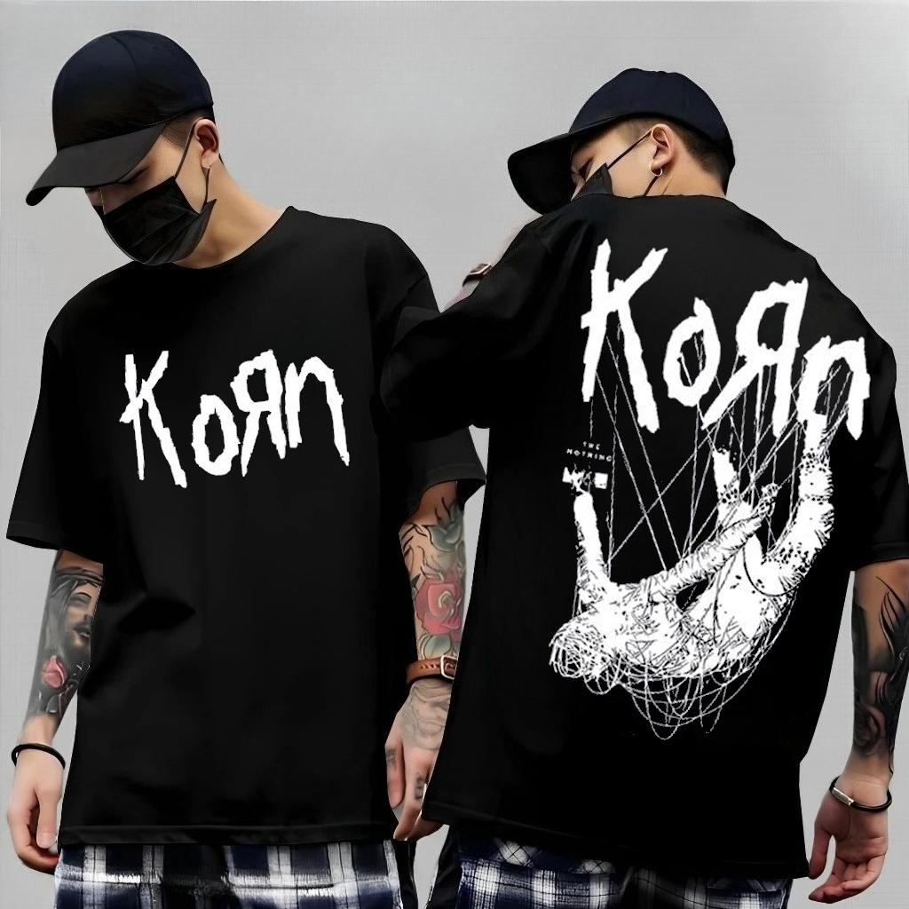 T-shirt in Cotone Stampata Korn Follow The Leader Double-Sided Metal Band Tee Top Oversize per Coppia Uomo e Donna