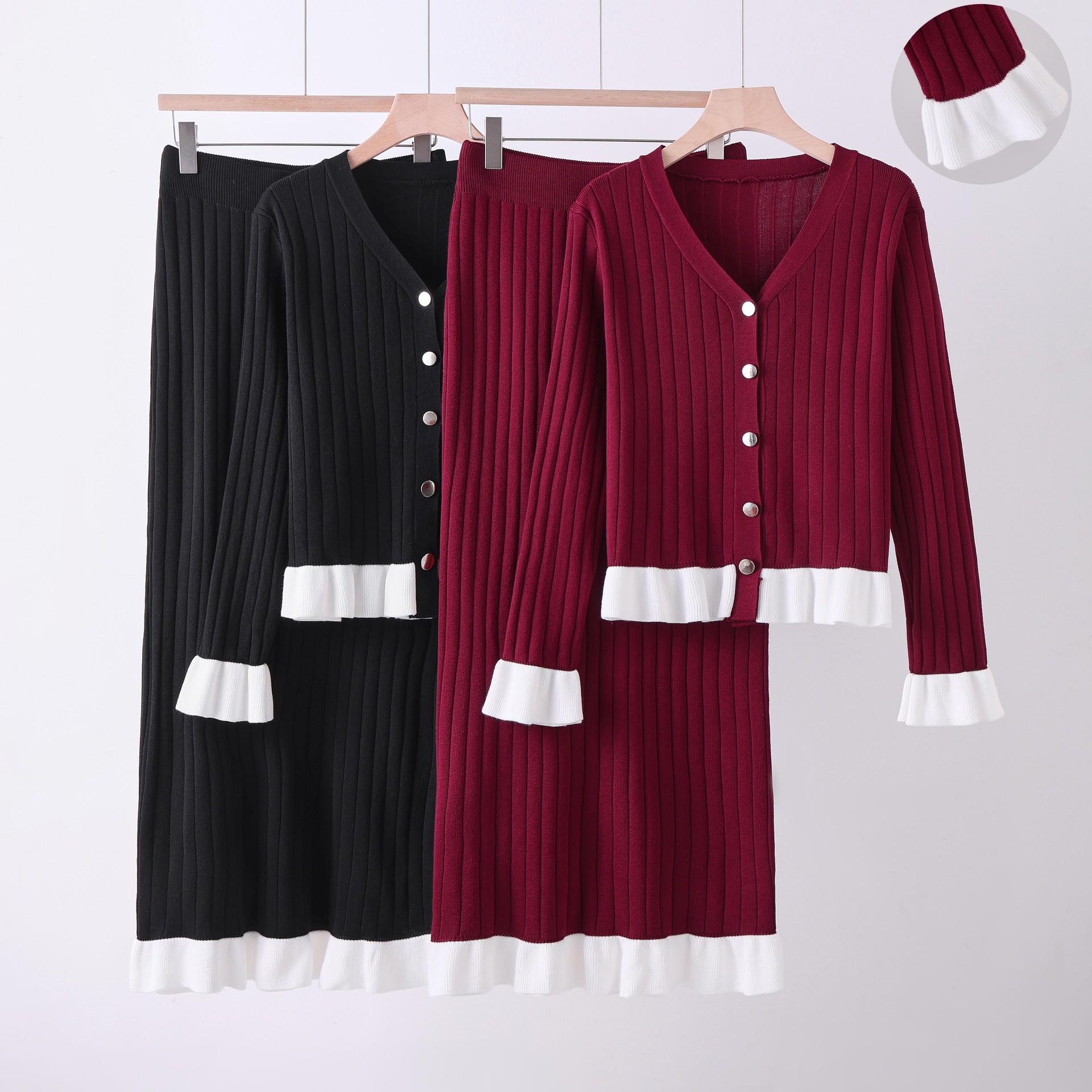 Chic Autumn Color Block Ruffle Knitwear and Skirt Set for Women One Size