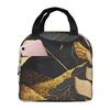 Black Golden Leaf Print Insulated Lunch Bag for Women Kids Portable Food Boxes Thermal Lunch Box Tote