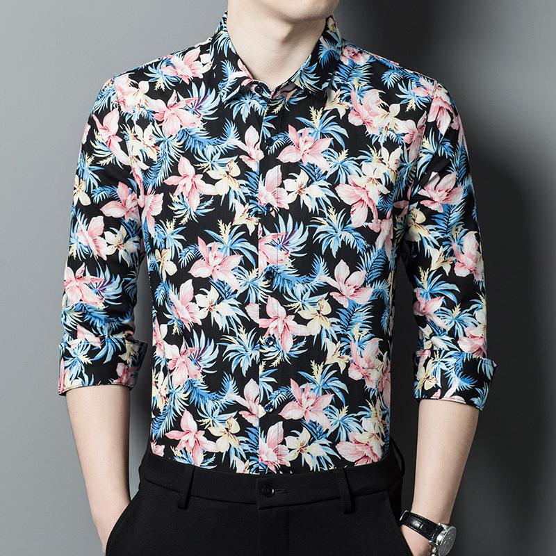 Autumn New Long Sleeve Shirt Young and Middle-Aged Men's Cotton Shirt Floral Half-Sleeve Top Shirt Dad Wear
