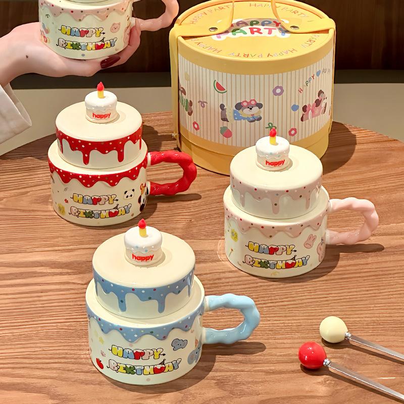 High-value Cute Cake Water Cup for Girls' Birthday Gift Couple Ceramic Mug Souvenir Gift Box