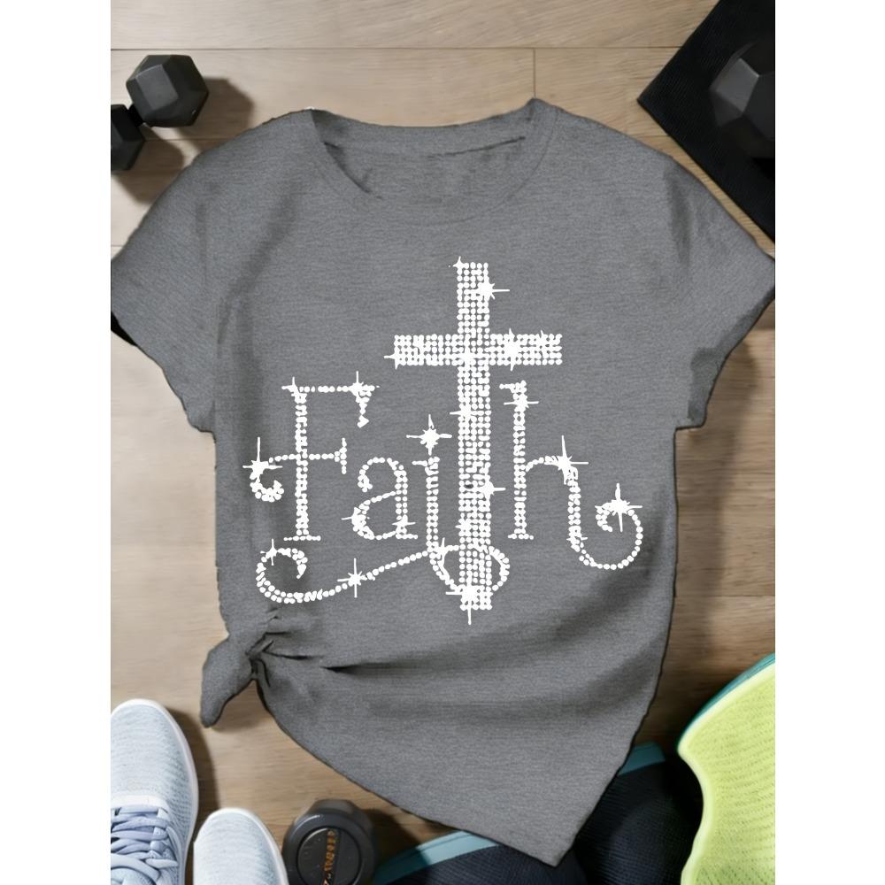 Women Cotton Short Sleeves T-shirts Faith Cross Rhinestone Women's Tee Christian Religious Graphic Black Top