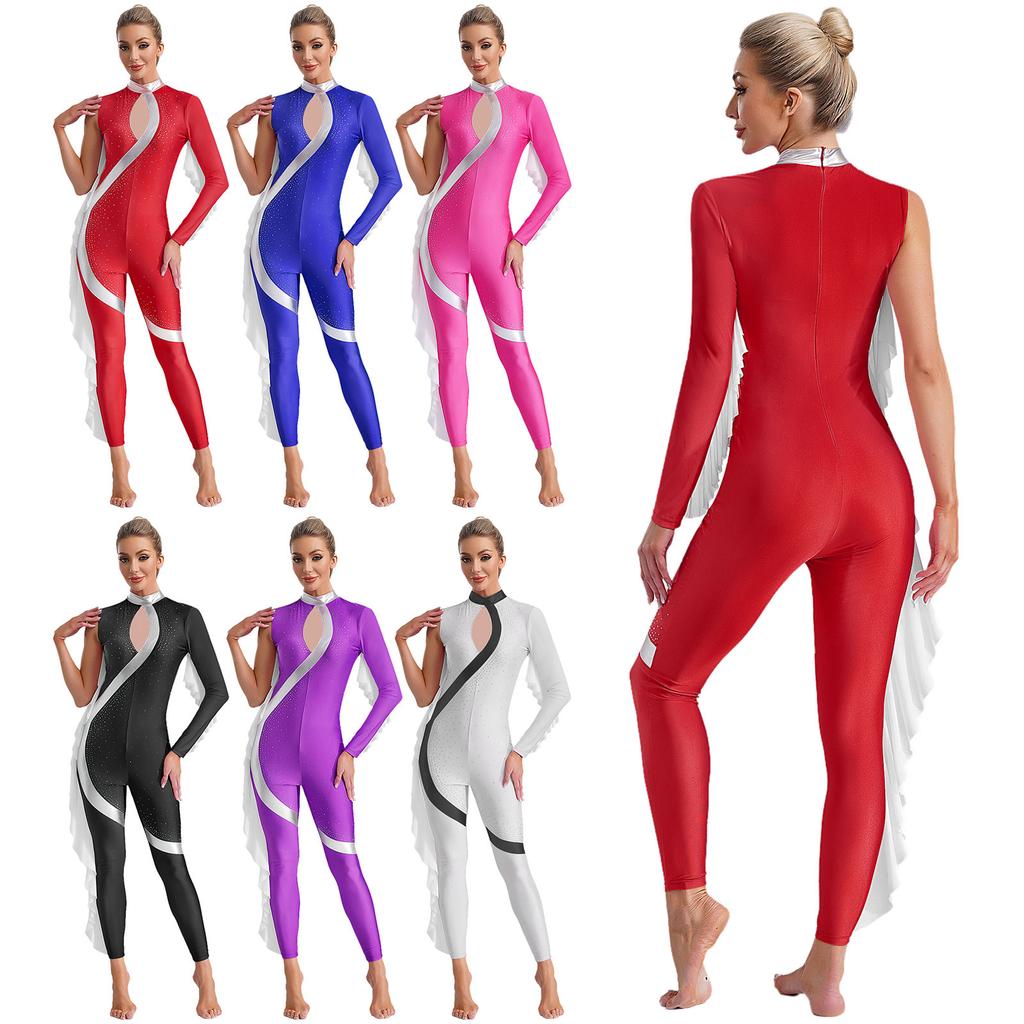 Womens Color Block Dance Jumpsuit Ruffles Metallic Mock Neck Shiny Rhinestones Full Body Leotard Performance Dancewear