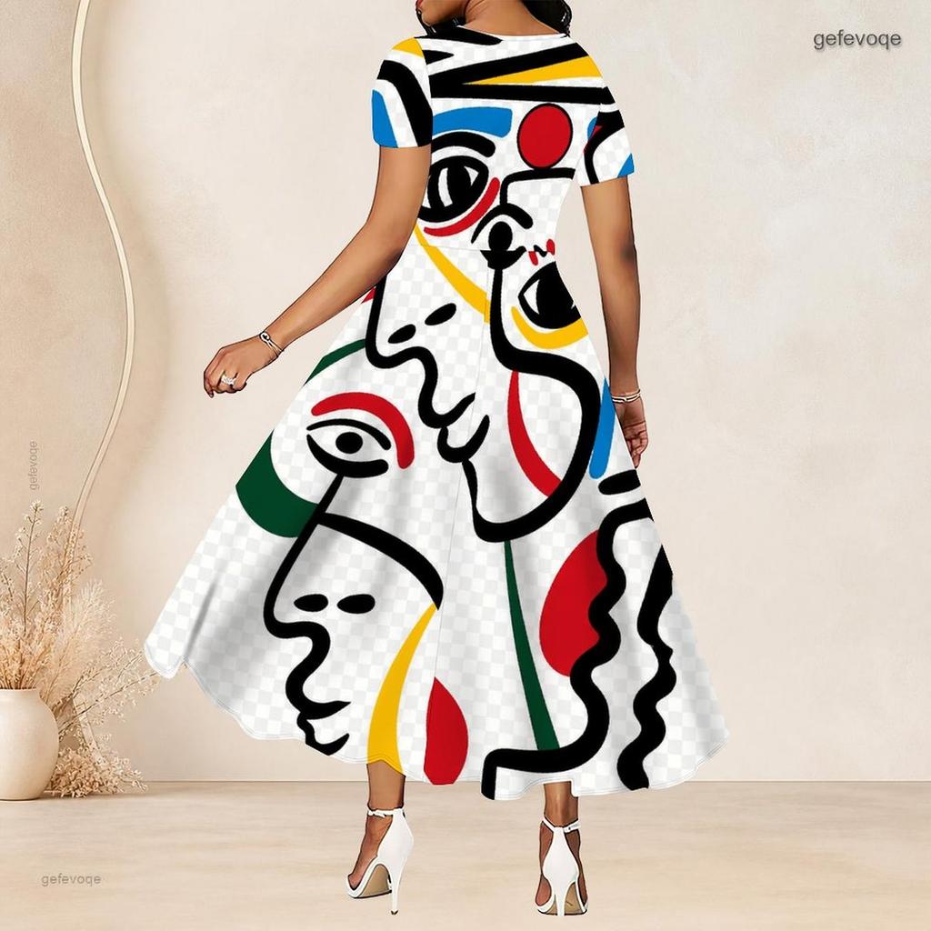 Women Plus Size Round Neck Short Sleeve Abstract Printed White Purple Gray A Line Long Dress